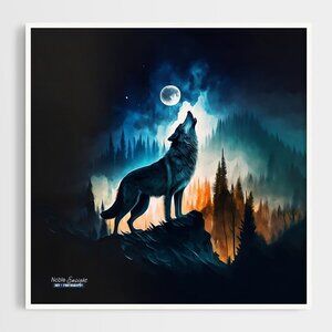8x8 Wolf Howling at the Moon Midnight Wall Art Watercolor Oil Painting‎ Print